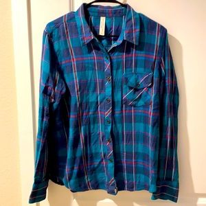 Teal plaid flannel with red, navy, and white